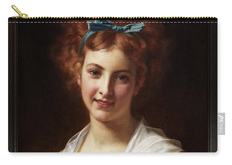 Young Lady With Blue Bow Zip Pouch featuring the painting Young Lady With Blue Bow by Hugues Merle Classical Art Old Masters Reproduction by Rolando Burbon