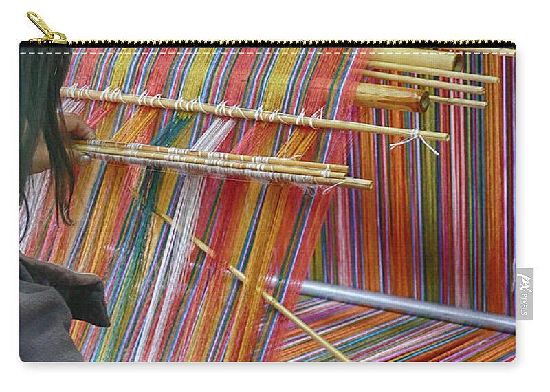 Bhutan Zip Pouch featuring the photograph Young woman working a backstrap loom by Steve Estvanik