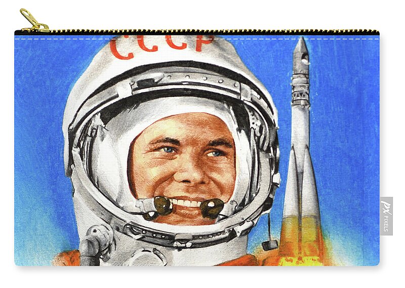Paul And Chris Calle Zip Pouch featuring the painting Yuri Gagarin - Vostok I - 12 April 1961 by Paul and Chris Calle