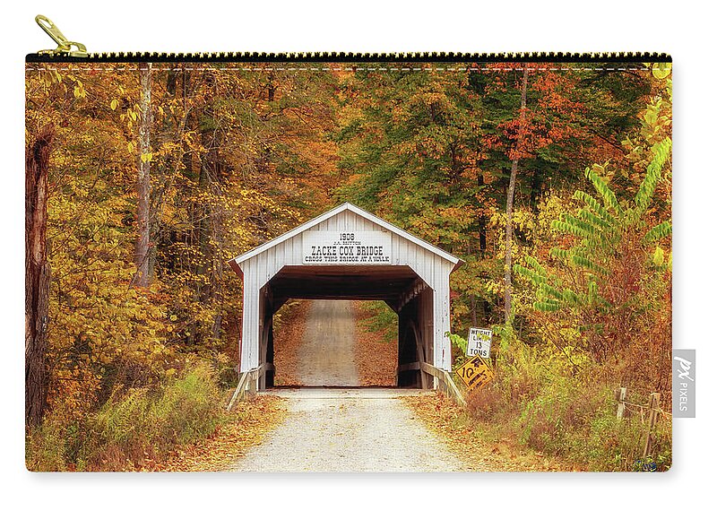 Parke County Zip Pouch featuring the photograph Zacke Cox Bridge in Autumn by Susan Rissi Tregoning