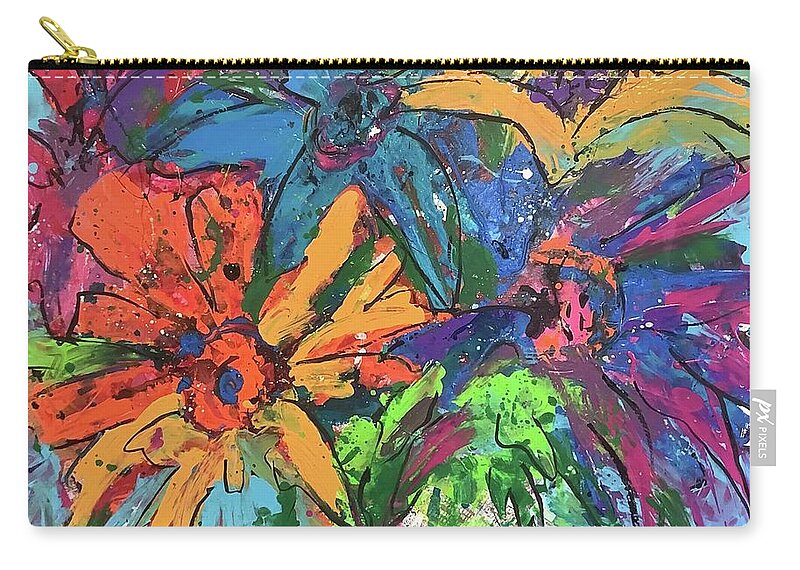 Flowers Zip Pouch featuring the painting Zany Zinnias by Elaine Elliott