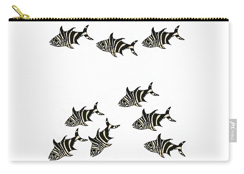 Black And White Zip Pouch featuring the mixed media Zebra Fish 4 of 4 by Joan Stratton