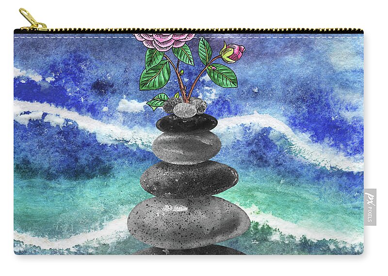 Zen Rocks Carry-all Pouch featuring the painting Zen Rocks Cairn Meditative Tower Pink Camellia Flower Watercolor by Irina Sztukowski