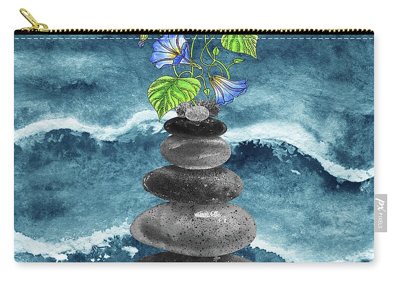 Cairn Rocks Zip Pouch featuring the painting Zen Rocks Cairn Meditative Tower With Morning Glory Flower Watercolor by Irina Sztukowski