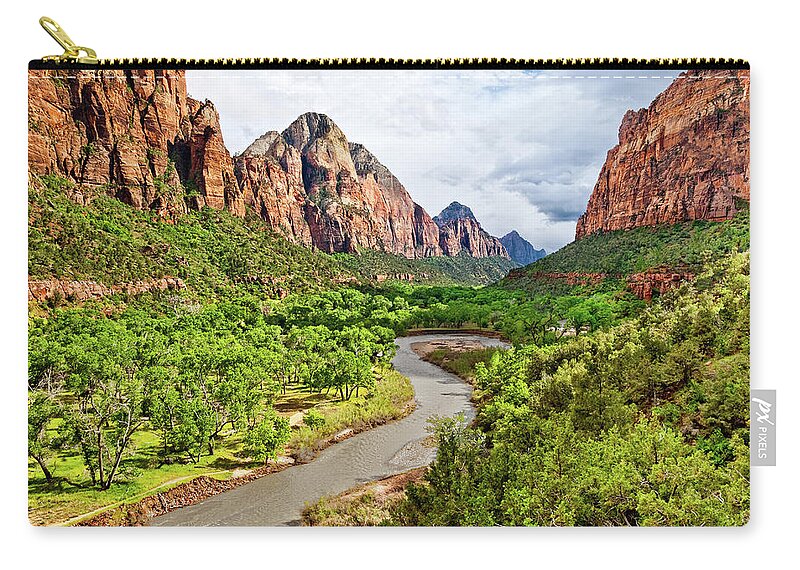 Arid Climate Zip Pouch featuring the photograph Zion Canyon and the Meandering Virgin River at Dusk by Jeff Goulden