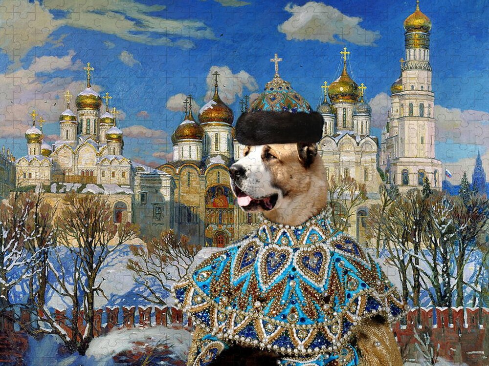 Central Asian Shepherd Dog Jigsaw Puzzle featuring the painting Central Asian Shepherd Dog Art Canvas Print - Emperor with Golden Church by Sandra Sij