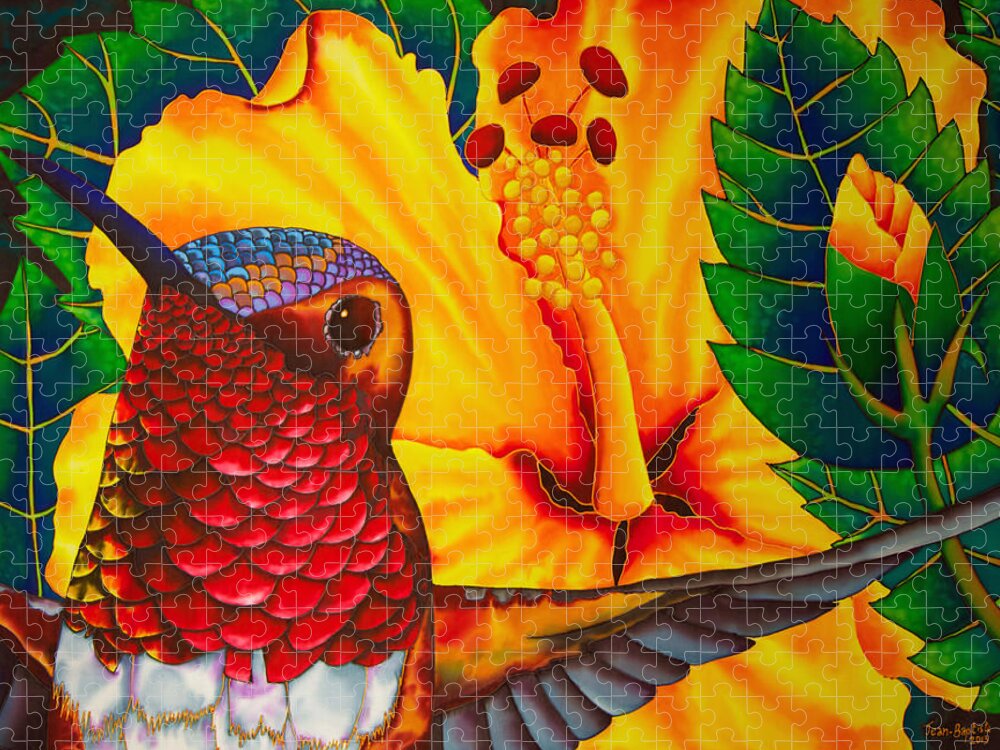 Hibiscus Flower Jigsaw Puzzle featuring the painting Rufous Hummingbird - Exotic Bird by Daniel Jean-Baptiste
