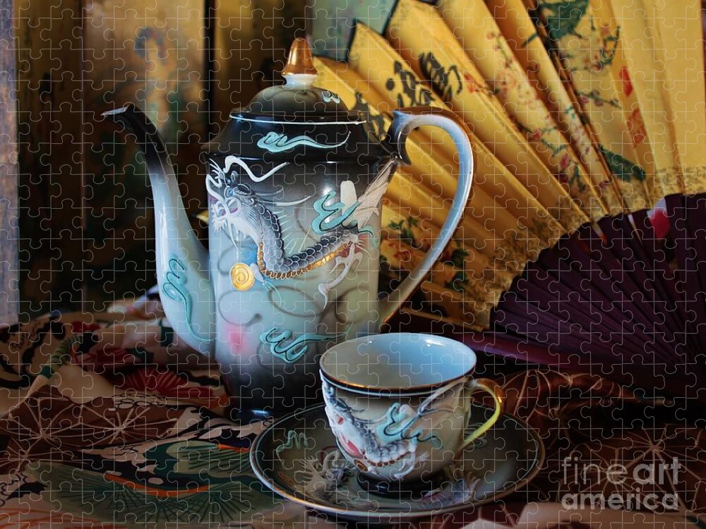 Tea Set Jigsaw Puzzle featuring the photograph Tea and Calligraphy by Marcia Breznay