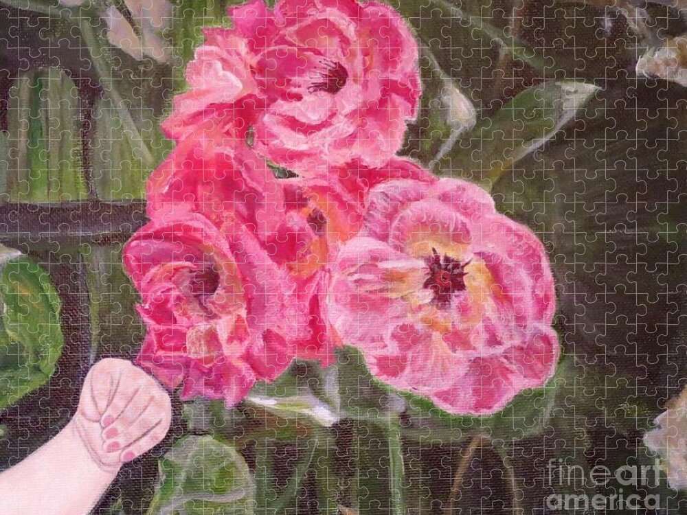 Flower Scene Little Girl's Hand Green Fence With Green And Golden Brown Vines Red Pink Gold Full Ornamental Roses For Mother's Day Dappled Sunlight Children And Nature Pantings Children And Flower Paintings Acrylic Paintings Jigsaw Puzzle featuring the painting Touch of the Roses Painting by Kimberlee Baxter