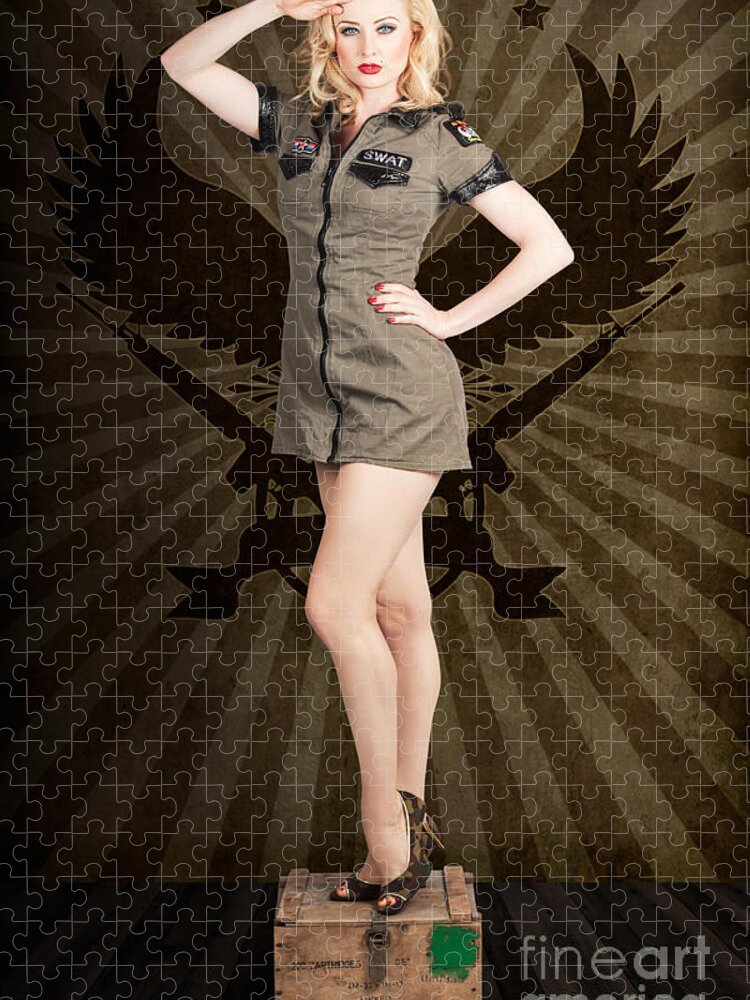 Army Jigsaw Puzzle featuring the photograph Attractive blond pin-up army girl. Military salute by Jorgo Photography