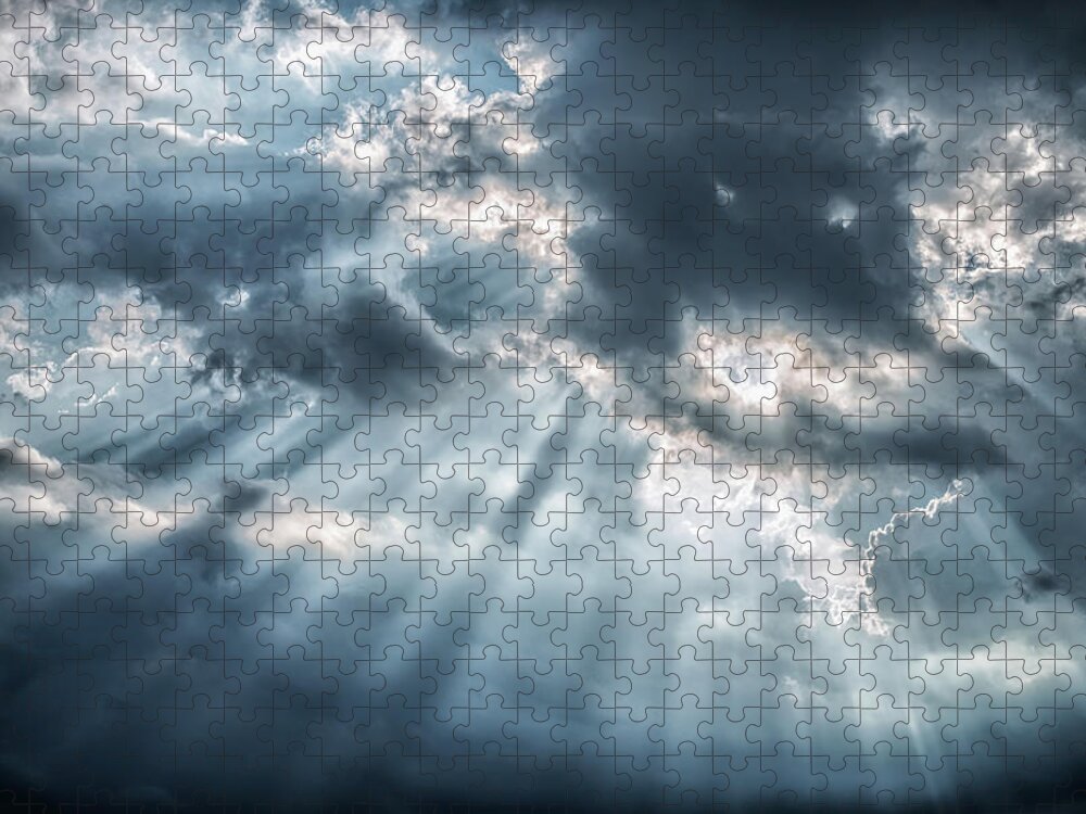 Majestic Jigsaw Puzzle featuring the photograph Awe Sunbeans Shining Through Cloudscape #1 by Assalve