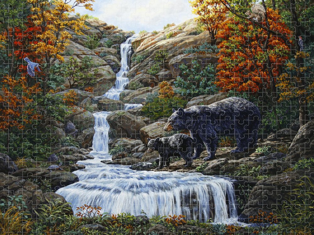 Bear Jigsaw Puzzle featuring the painting Black Bear Falls by Crista Forest