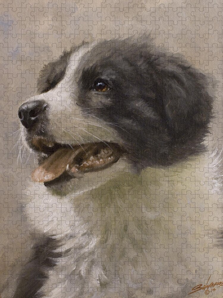 Border Collie Jigsaw Puzzle featuring the painting Border Collie pup portrait III #2 by John Silver