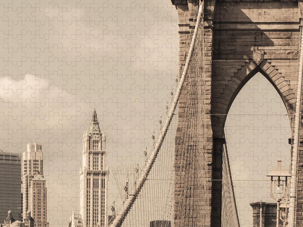 Brooklyn Bridge Jigsaw Puzzle featuring the photograph Brooklyn Bridge and Woolworth Building #1 by Frank Winters