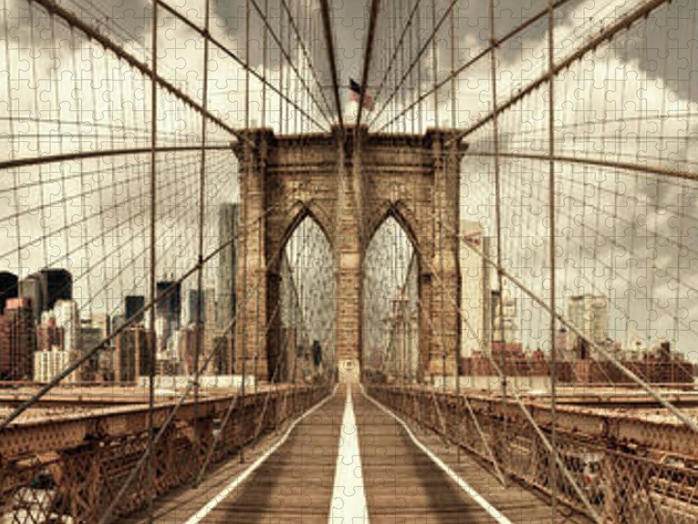 Brooklyn Jigsaw Puzzle featuring the photograph Brooklyn Bridge (sepia) by Shelley Lake