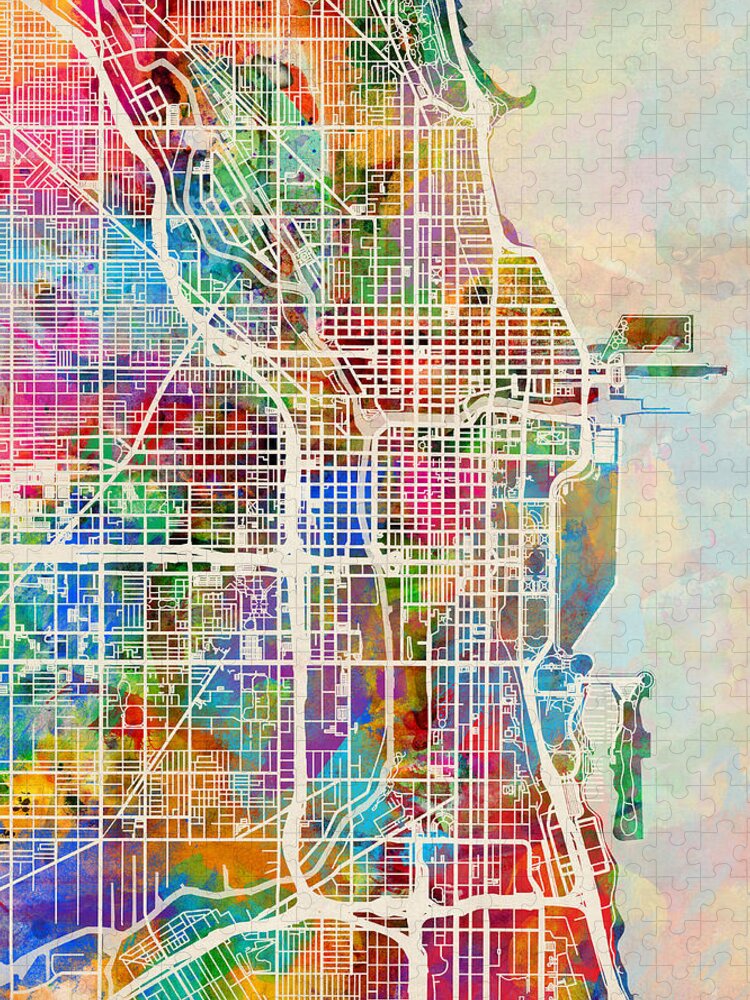 Chicago Jigsaw Puzzle featuring the digital art Chicago City Street Map by Michael Tompsett