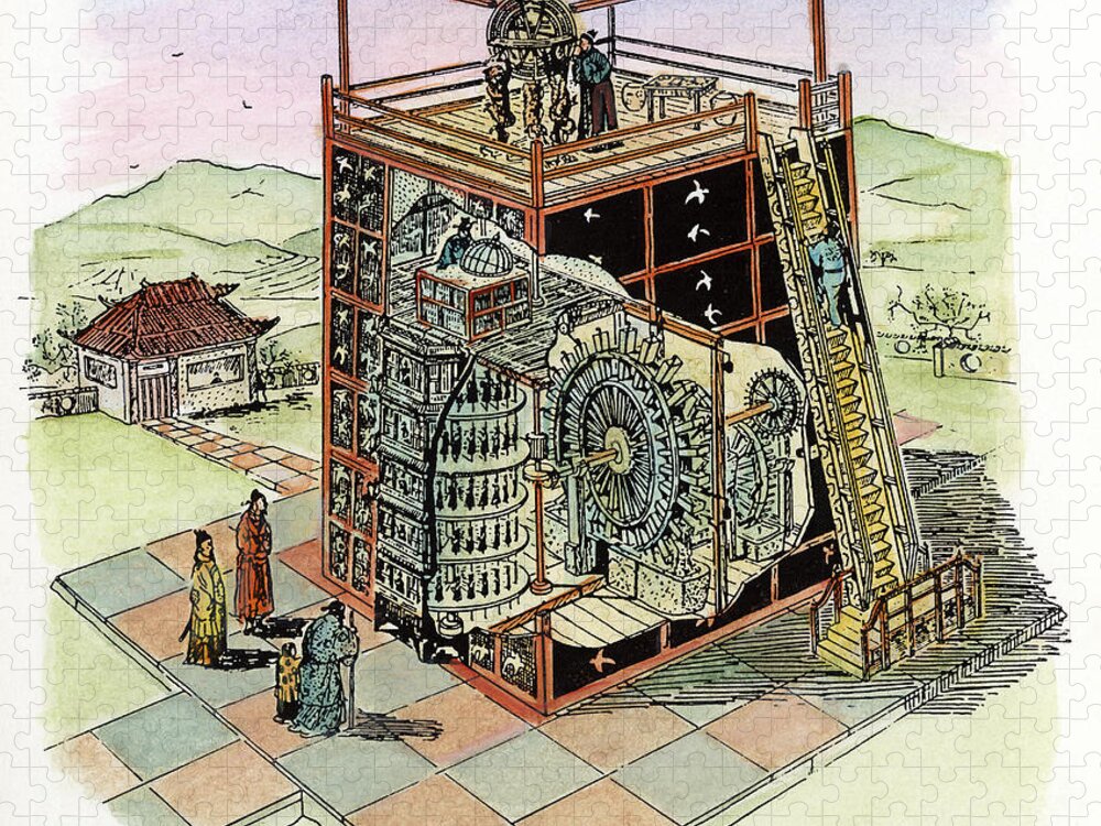 11th Century Jigsaw Puzzle featuring the drawing Chinese Astronomical Clocktower Built #1 by Granger