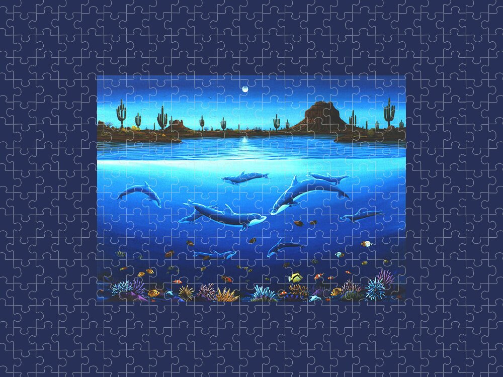 Dolphins Jigsaw Puzzle featuring the painting Desert Dolphins #1 by Lance Headlee