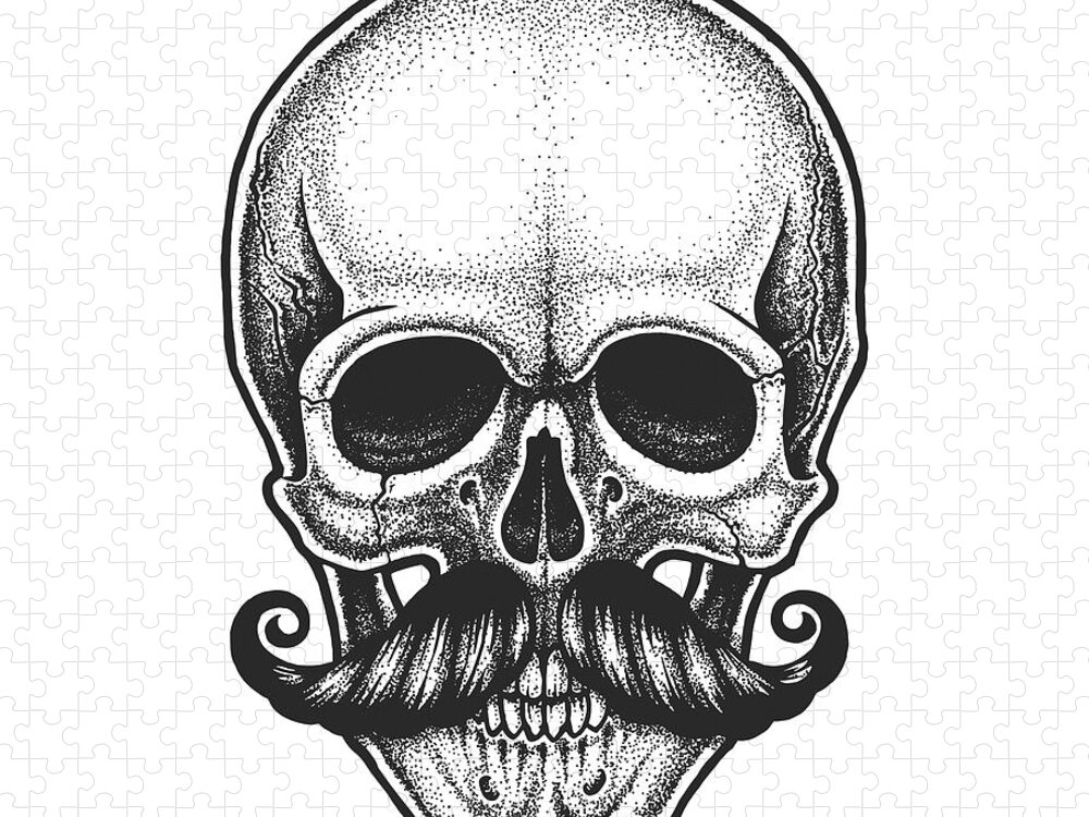 Symbol Jigsaw Puzzle featuring the digital art Dotwork Styled Skull With Moustache by Mr bachinsky