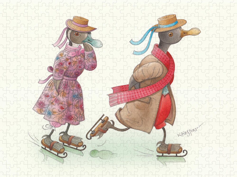 Christmas Winter Snow Ice Dance Skate Ducks Greeting Cards Violet Red White Jigsaw Puzzle featuring the painting Ducks on skates 15 by Kestutis Kasparavicius