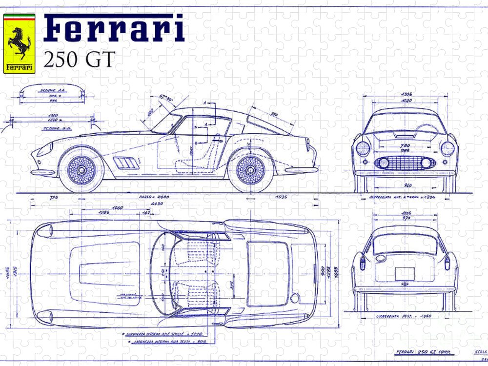 Ferrari 250 Gt Blueprint Jigsaw Puzzle featuring the drawing Ferrari 250 GT Blueprint #1 by Jon Neidert