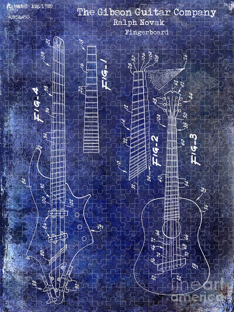 Gibson Guitar Patent Blueprint Jigsaw Puzzle featuring the drawing Gibson Guitar Patent Drawing Blue #1 by Jon Neidert