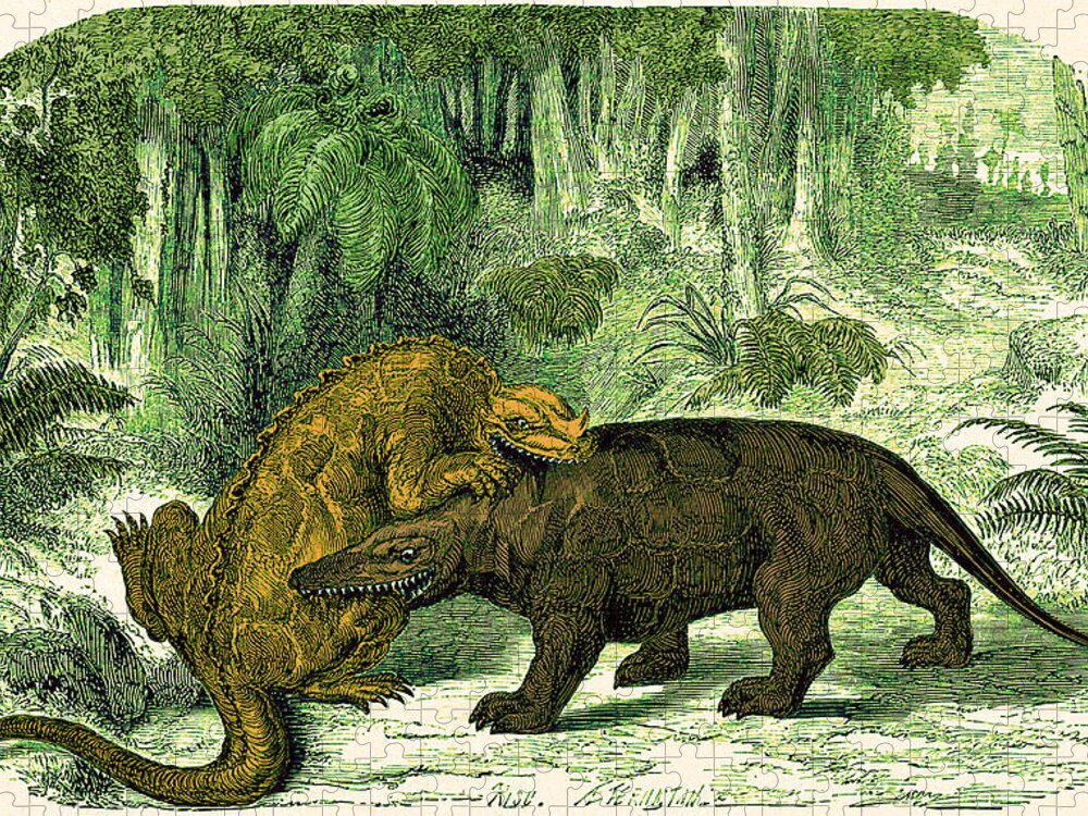 Historic Jigsaw Puzzle featuring the photograph Iguanodon Biting Megalosaurus #1 by Wellcome Images