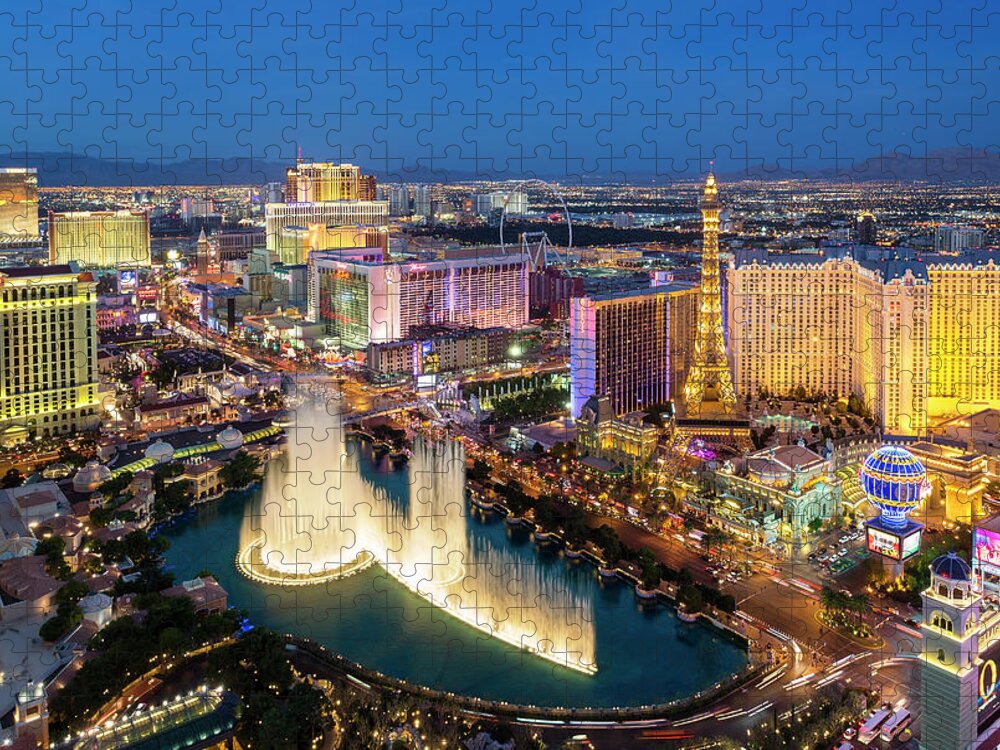 Las Vegas Replica Eiffel Tower Jigsaw Puzzle featuring the photograph Las Vegas Skyline At Dusk #1 by Sylvain Sonnet