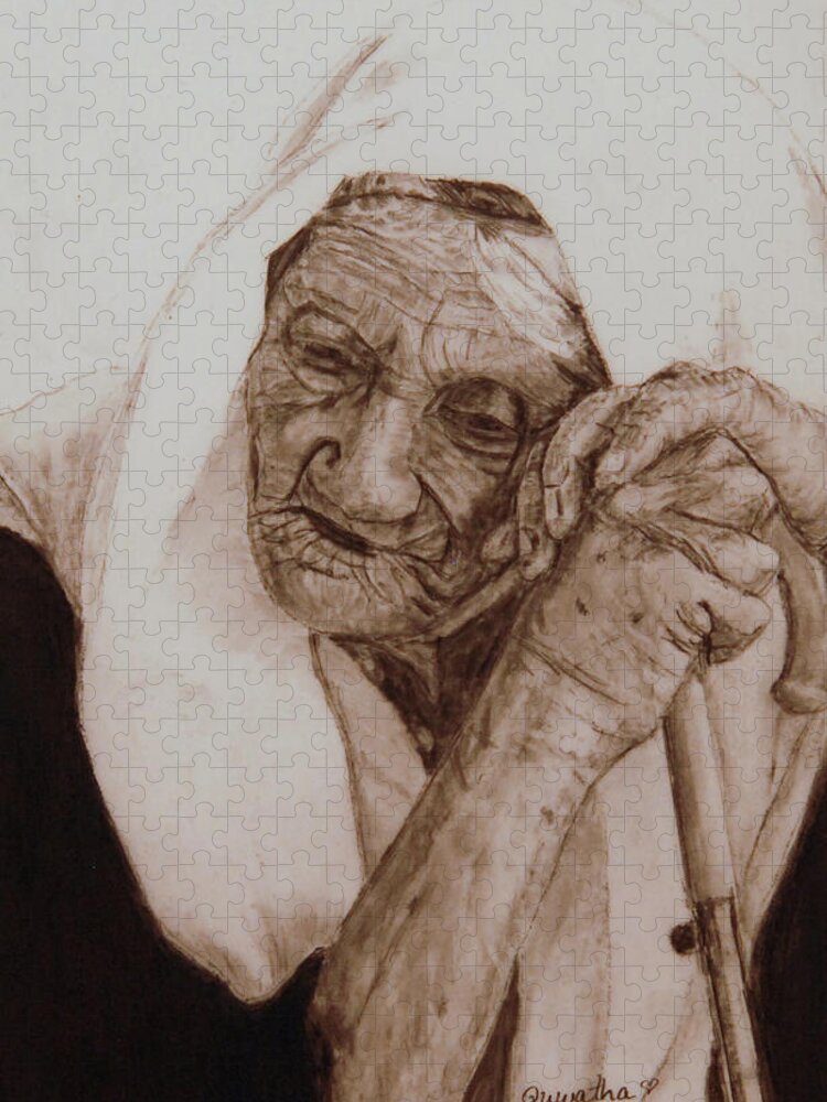 Old Woman Jigsaw Puzzle featuring the drawing Loneliness #2 by Quwatha Valentine