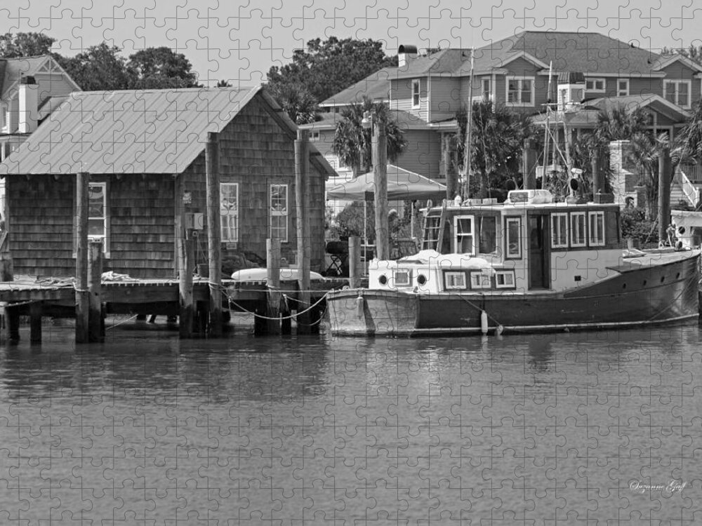 Black And White Jigsaw Puzzle featuring the photograph On Shem Creek #1 by Suzanne Gaff