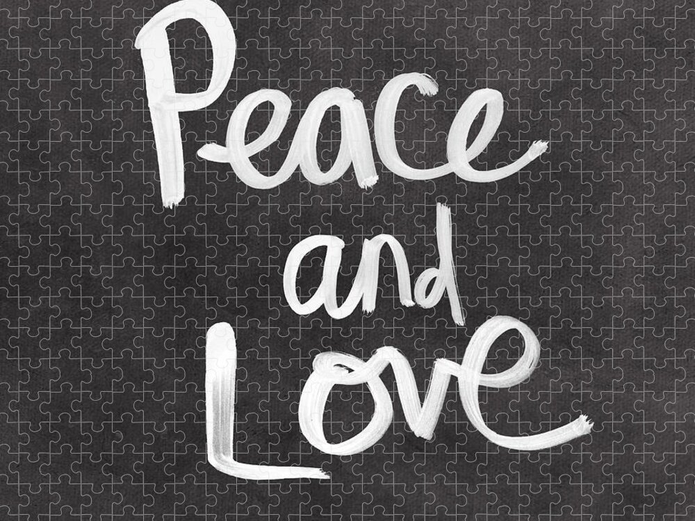 Love Peace Words Typography Calligraphy Black White Sign welcome Sign Inspiration Motivation Quote Prayerchalkboard Blackboard Watercolor Painting Family Mom Dad Jigsaw Puzzle featuring the mixed media Peace and Love by Linda Woods