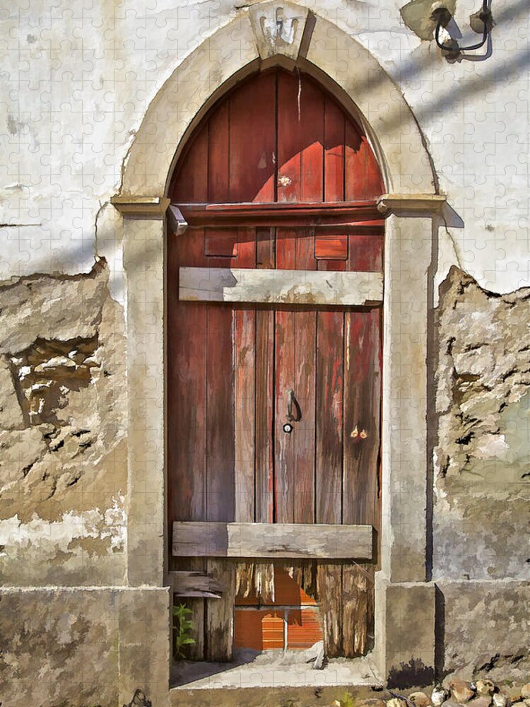 Abandon Jigsaw Puzzle featuring the photograph Red Wood Door of the Medieval Village of Pombal by David Letts