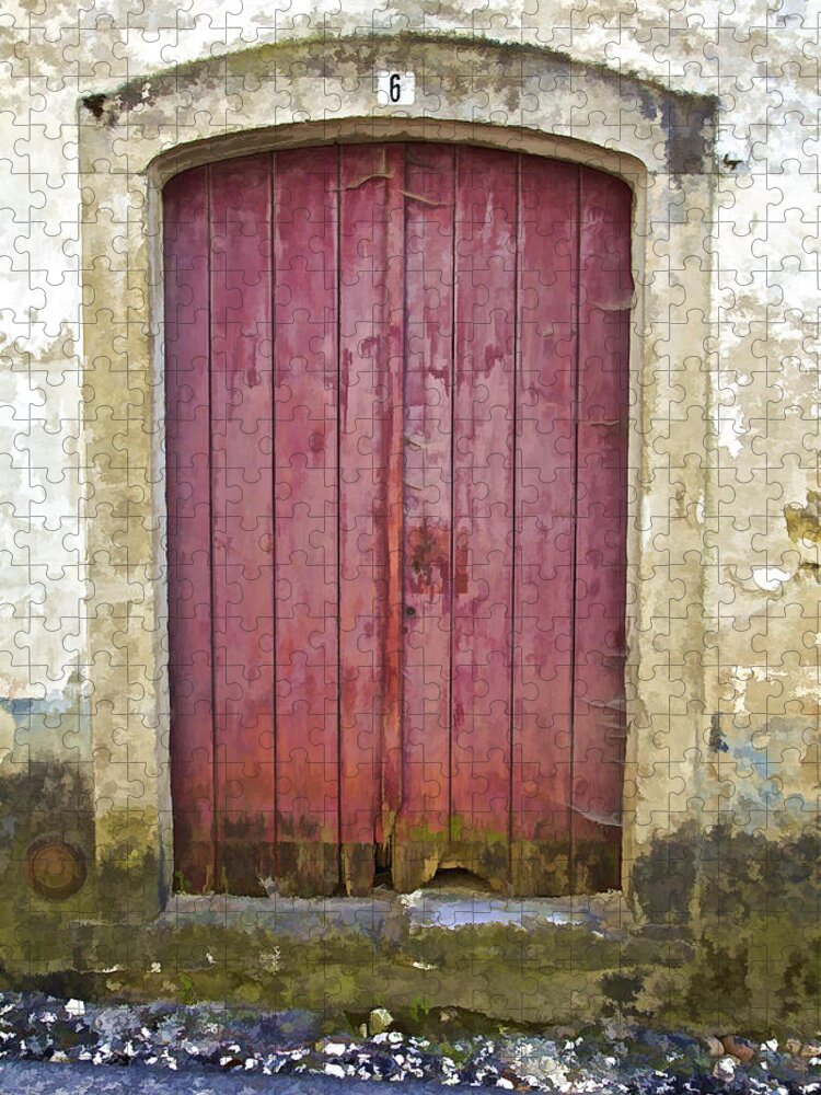 Aged Jigsaw Puzzle featuring the photograph Rustic Red Wood Door of the Medieval Village of Pombal #2 by David Letts