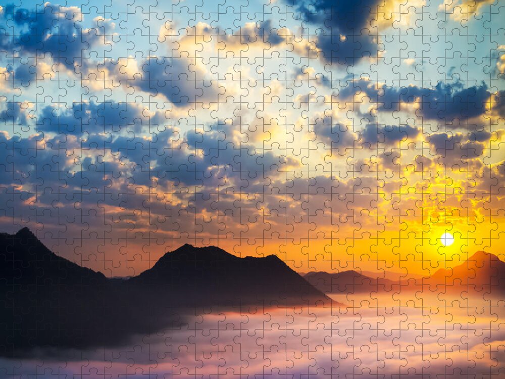 Thailand Jigsaw Puzzle featuring the photograph Sea of clouds on sunrise with ray lighting #1 by Setsiri Silapasuwanchai