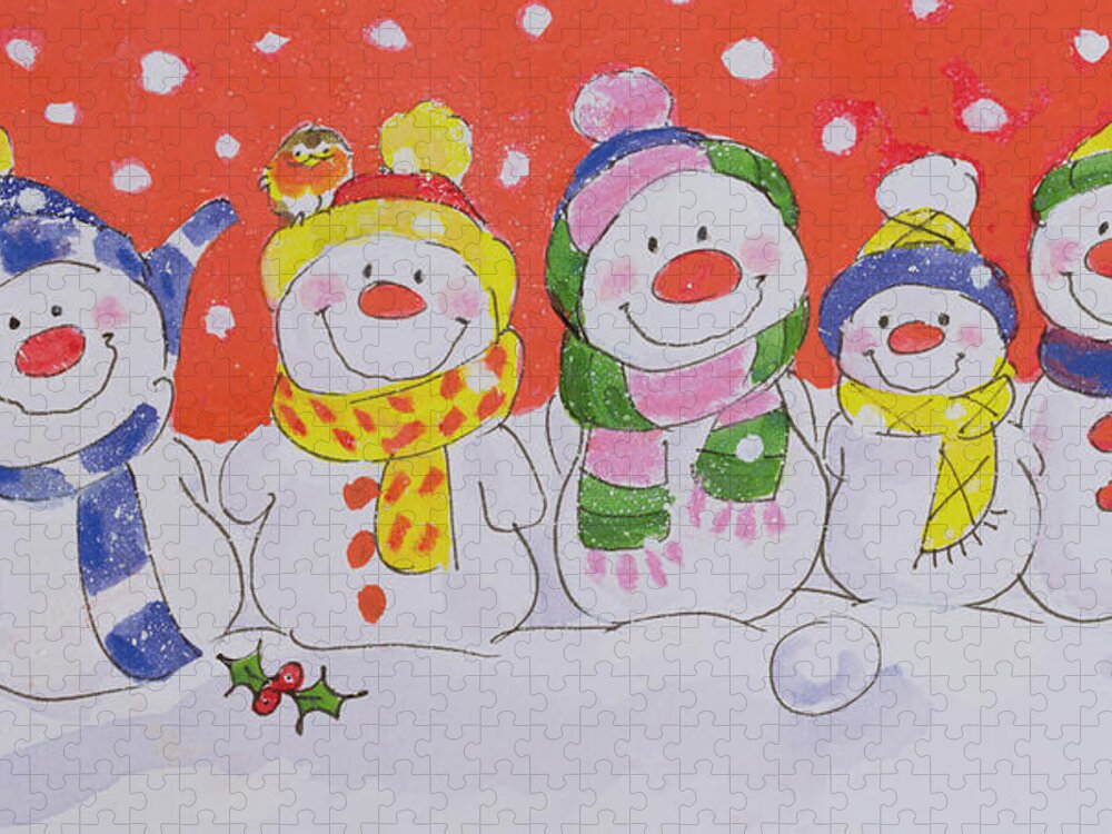 Snowman; Christmas; Snowing; Winter; Happy Jigsaw Puzzle featuring the painting Snow Family by Diane Matthes