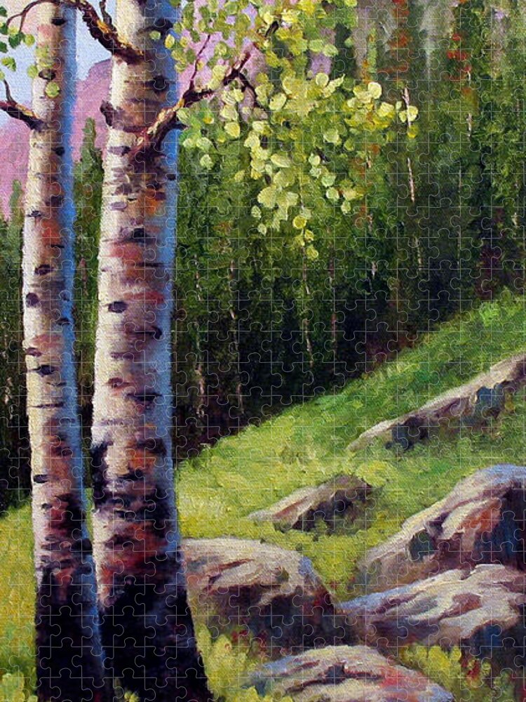 Aspen Jigsaw Puzzle featuring the painting Springtime Aspens #2 by David G Paul