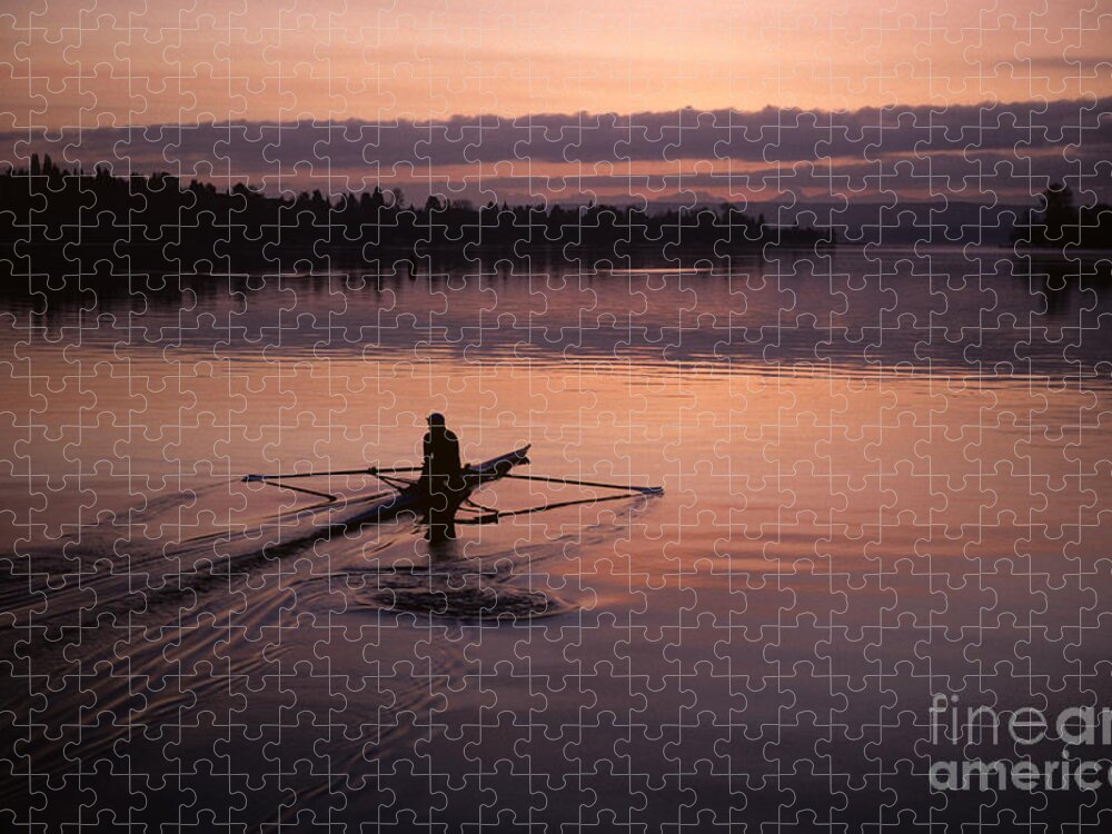 Athletics Jigsaw Puzzle featuring the photograph Sunrise on the Montlake Cut crew rowing on calm waters #2 by Jim Corwin