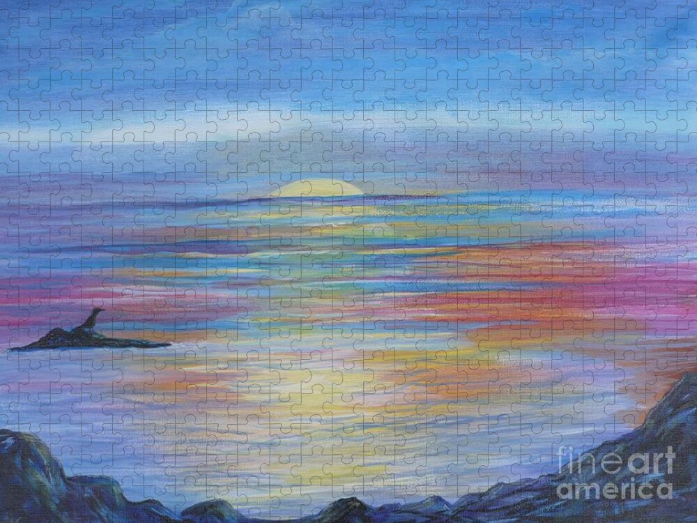 Sunset Jigsaw Puzzle featuring the painting Sunset Ocean by Monika Shepherdson
