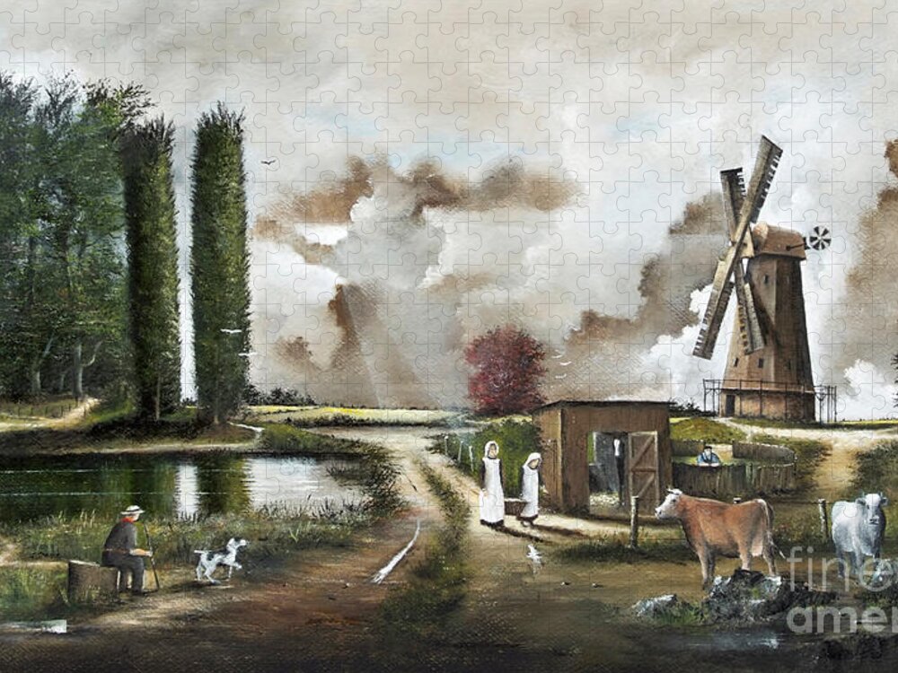 Countryside Jigsaw Puzzle featuring the painting The Windmill by Ken Wood