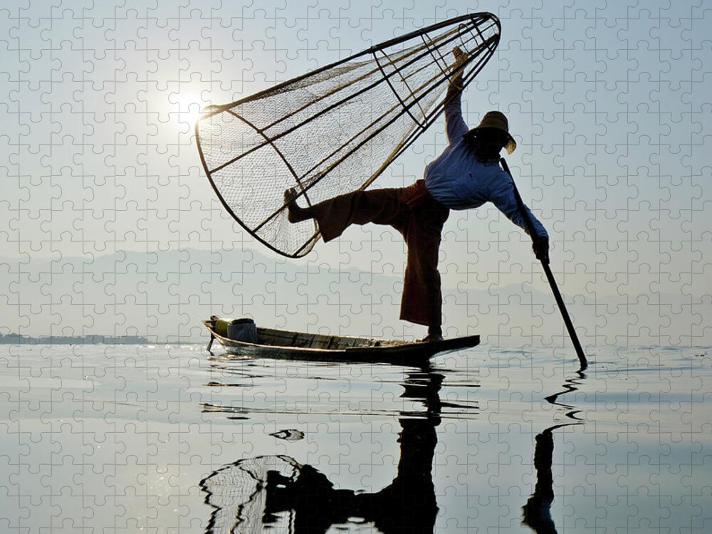 Hand Raised Jigsaw Puzzle featuring the photograph Traditional Bamboo Fisherman, Inle #1 by Rwp Uk