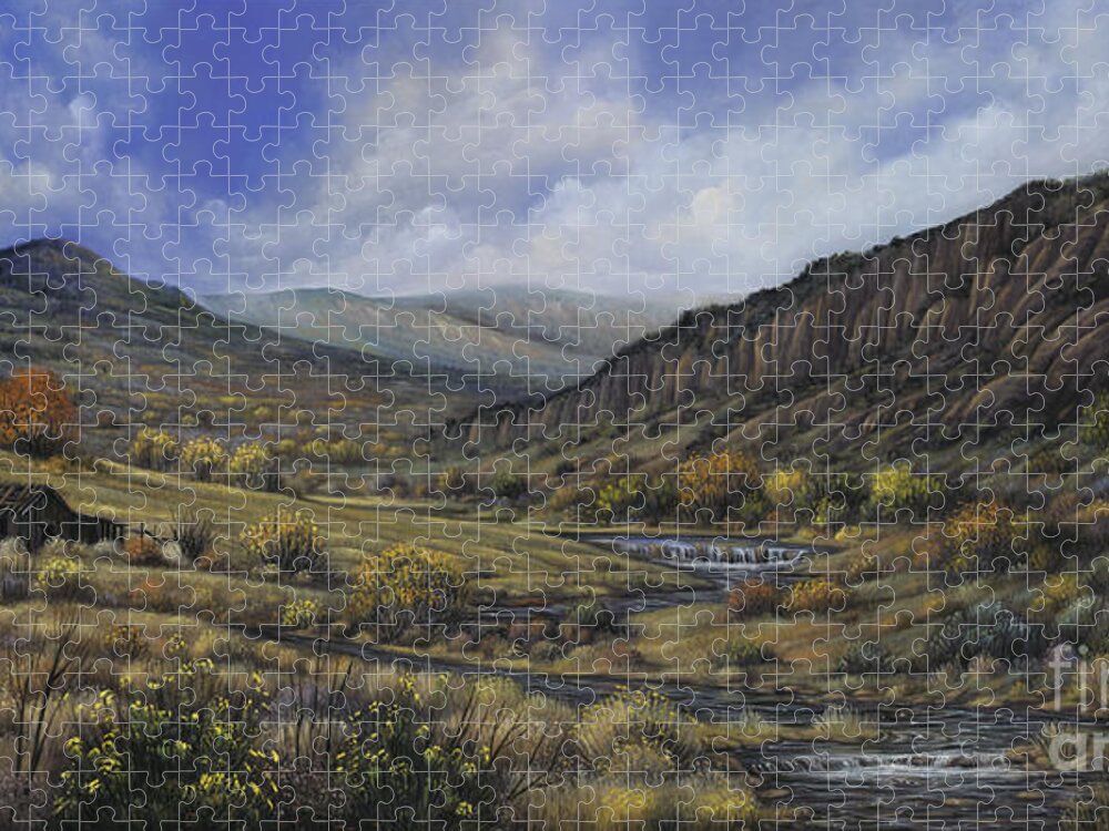 Southwest-landscape Jigsaw Puzzle featuring the painting Tres Piedras by Ricardo Chavez-Mendez