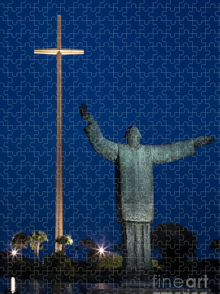 At Night Jigsaw Puzzle featuring the photograph Twilight over Father Francisco Lopez de Mendoza Grajales statue Mission Nombre de Dios St. Augustine #1 by Dawna Moore Photography