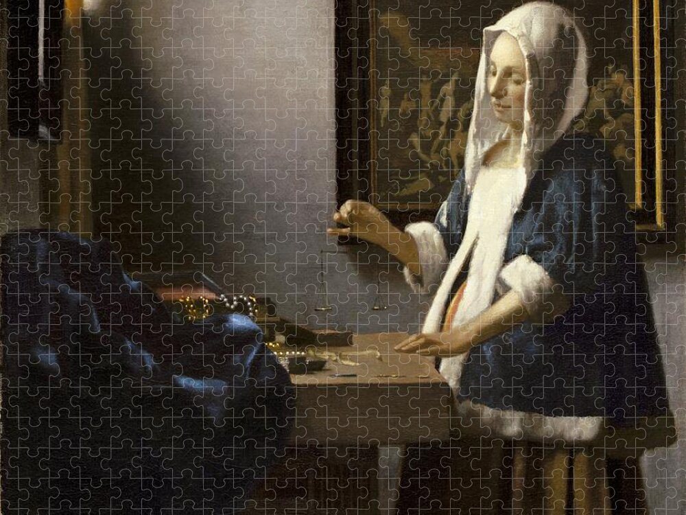 Jan Vermeer Jigsaw Puzzle featuring the painting Woman Holding A Balance #1 by Jan Vermeer