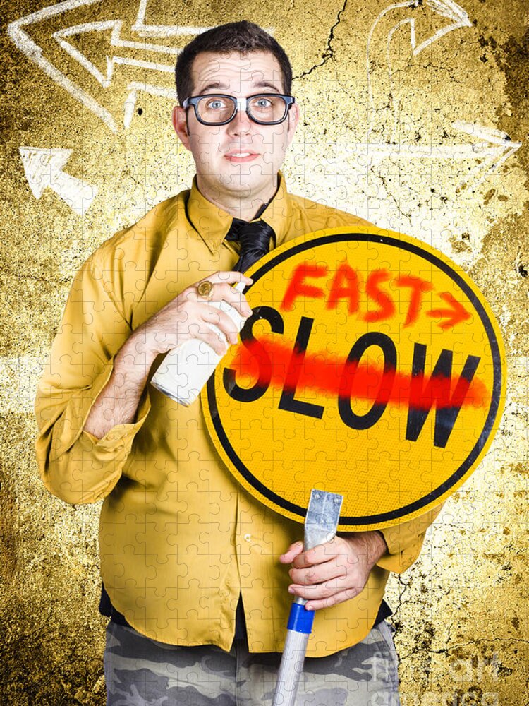 Speed Jigsaw Puzzle featuring the photograph Worker showing sign to fast track productivity #1 by Jorgo Photography