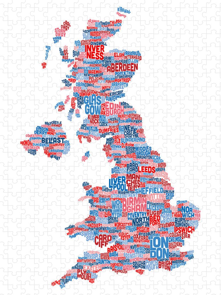 United Kingdom Jigsaw Puzzle featuring the digital art Great Britain UK City Text Map #11 by Michael Tompsett