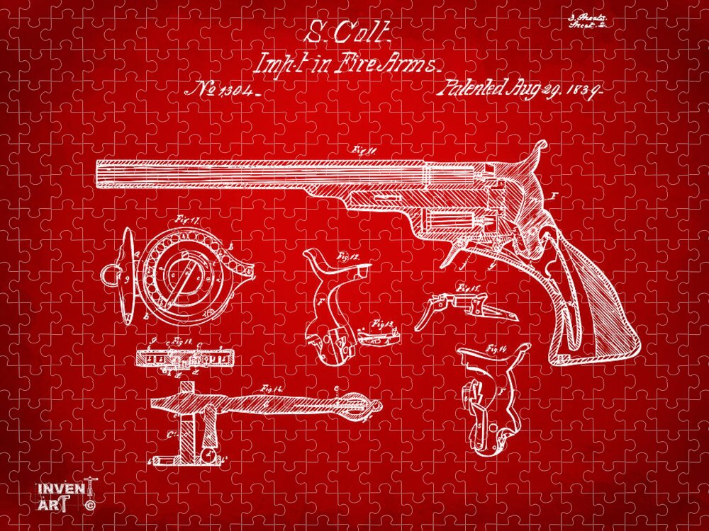 Colt Jigsaw Puzzle featuring the digital art 1839 Colt Fire Arm Patent Artwork Red by Nikki Marie Smith
