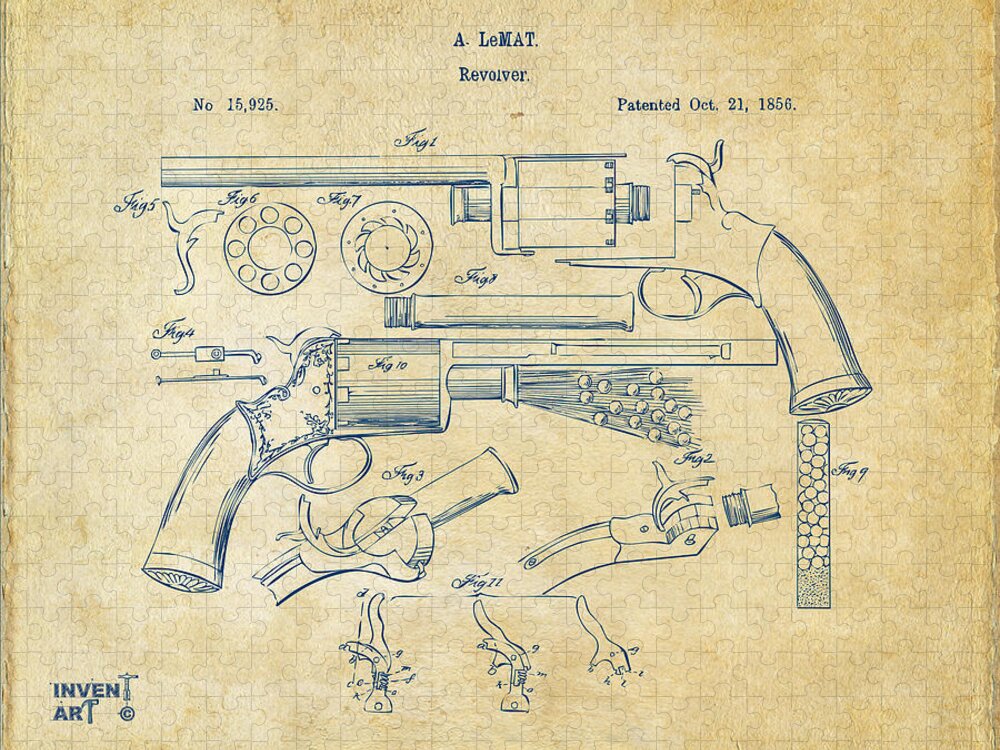 Lemat Jigsaw Puzzle featuring the digital art 1856 LeMat Revolver Patent Artwork Vintage by Nikki Marie Smith