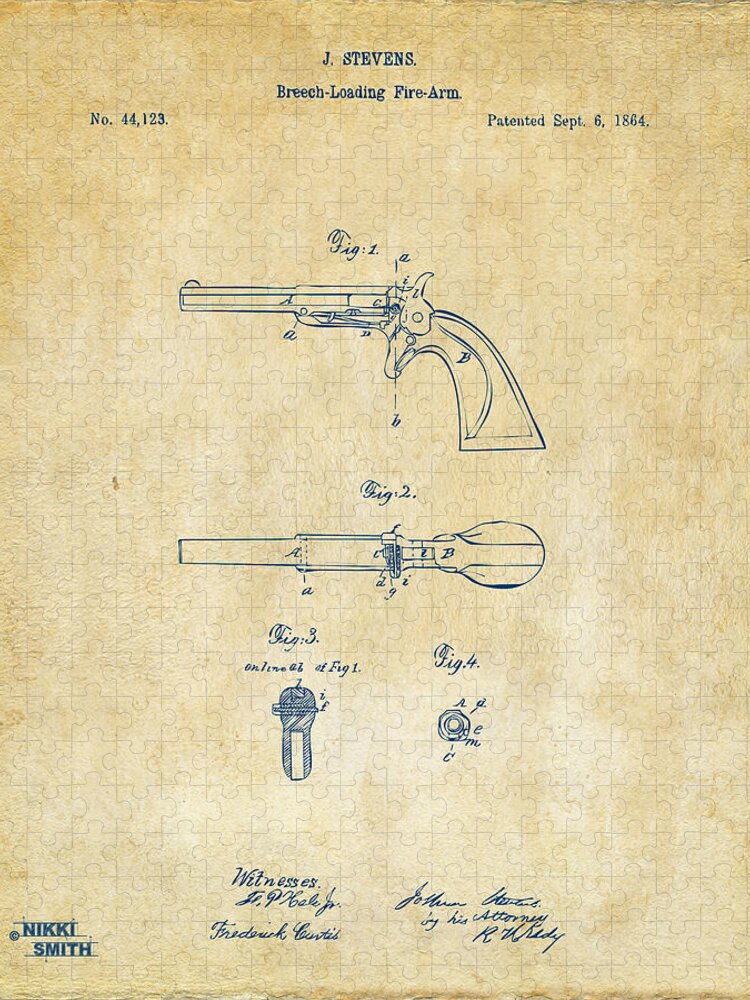 Breech Loader Jigsaw Puzzle featuring the digital art 1864 Breech Loading Pistol Patent Artwork - Vintage by Nikki Marie Smith
