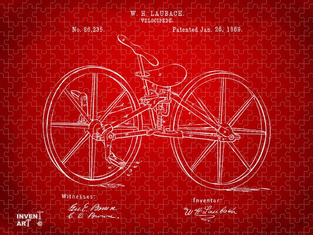 Bicycle Jigsaw Puzzle featuring the digital art 1869 Velocipede Bicycle Patent Artwork Red by Nikki Marie Smith