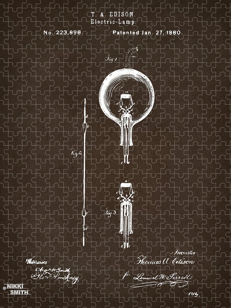 Edison Jigsaw Puzzle featuring the digital art 1880 Edison Electric Lamp Patent Artwork Espresso by Nikki Marie Smith